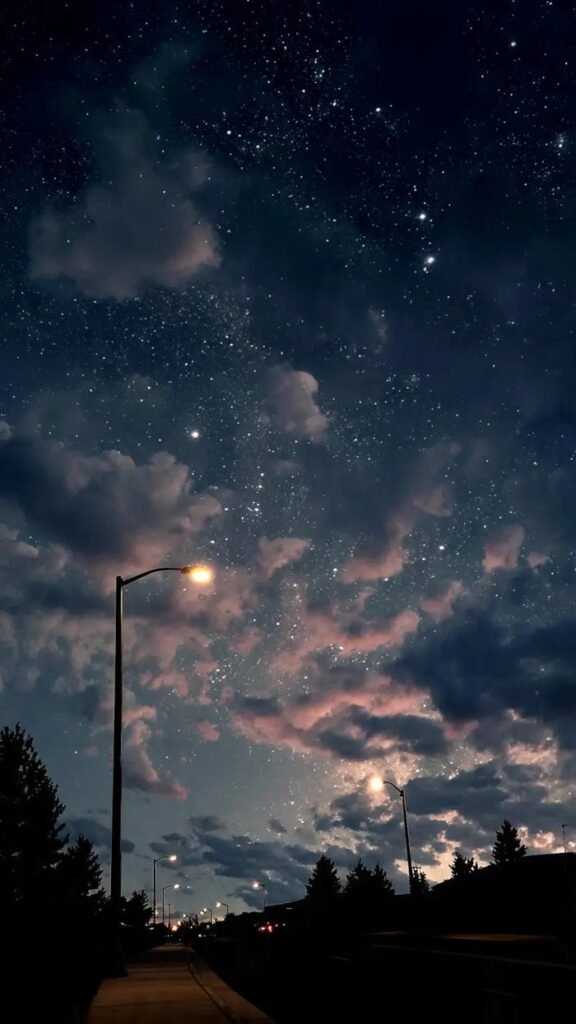 hình ảnh bầu trời đêm buồn ánh sao và đèn đường