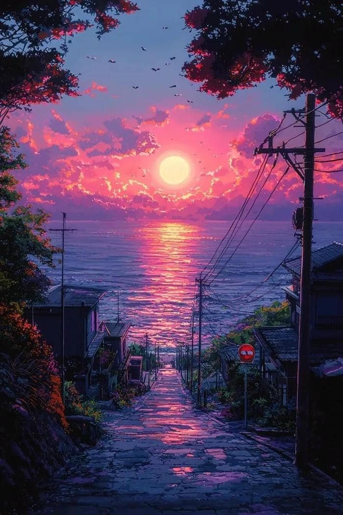 hình ảnh bầu trời hoàng hôn anime đẹp nhất gần biển