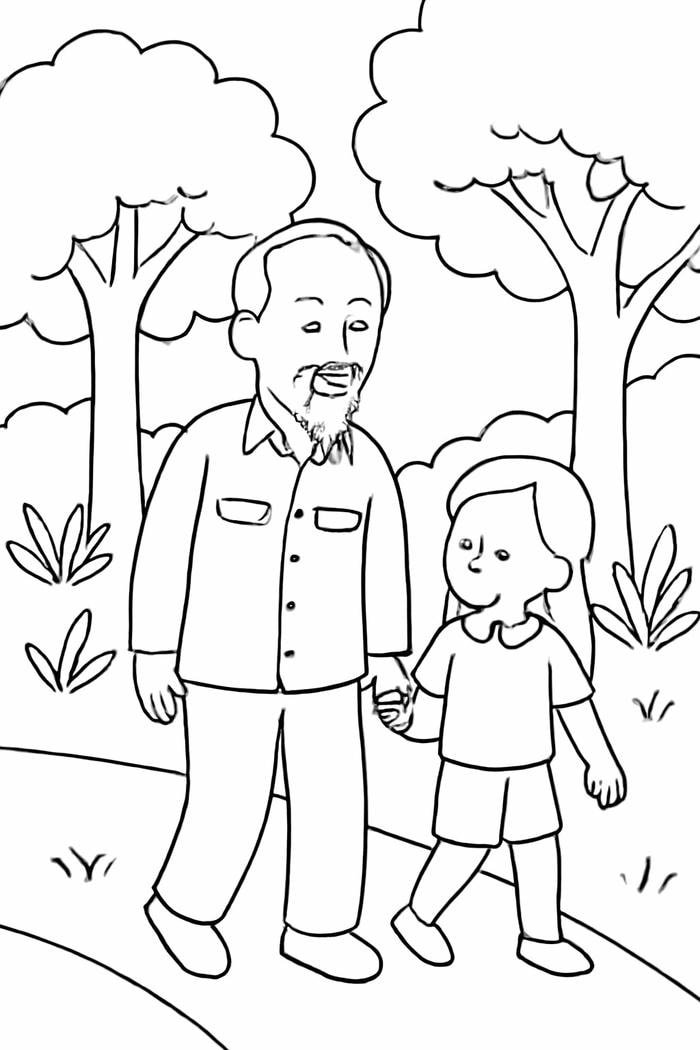 tranh vẽ bác hồ cùng cháu đi dạo