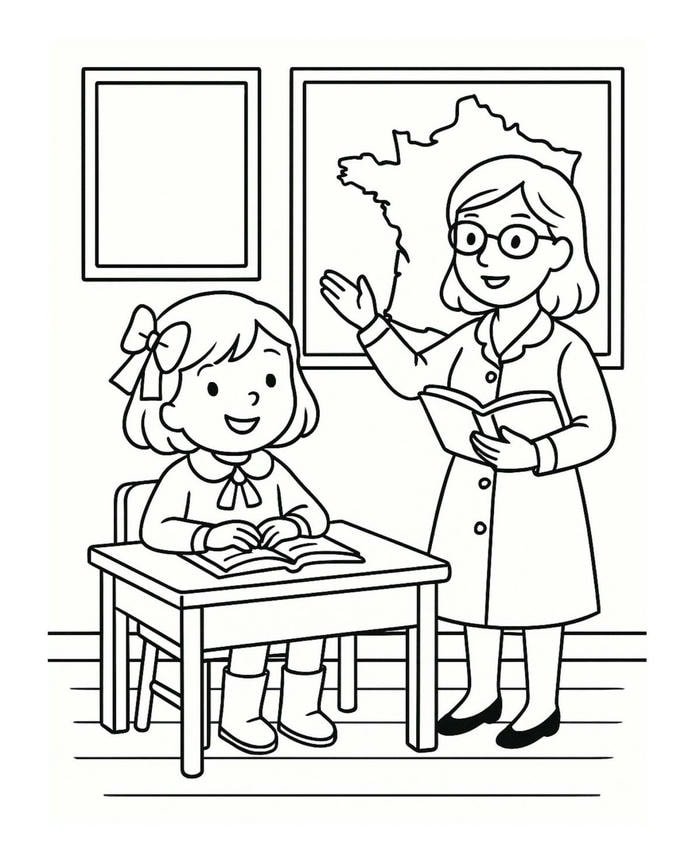 tranh tô màu cô giáo dạy bé gái