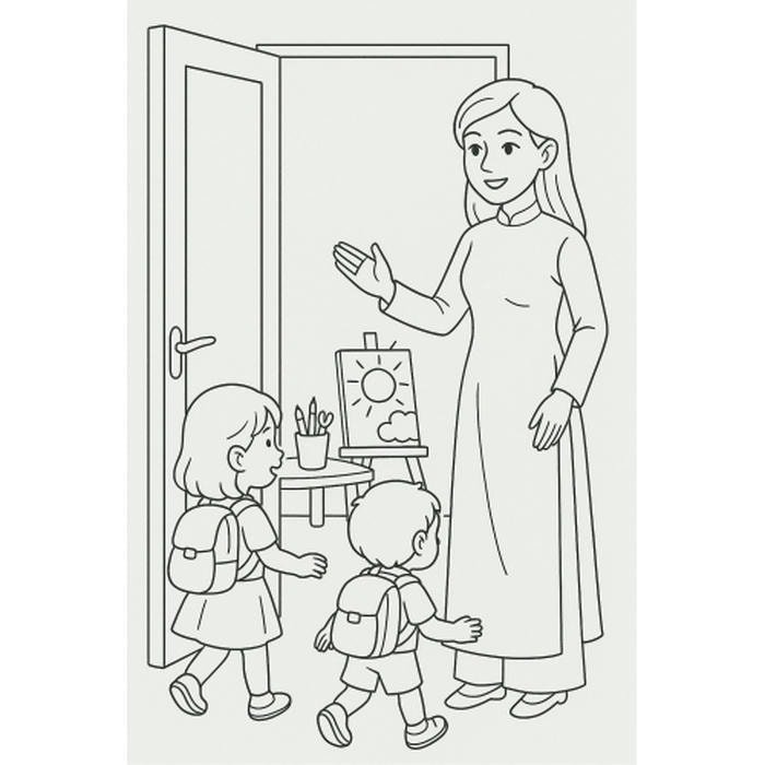 tranh tô màu cô giáo đón học sinh