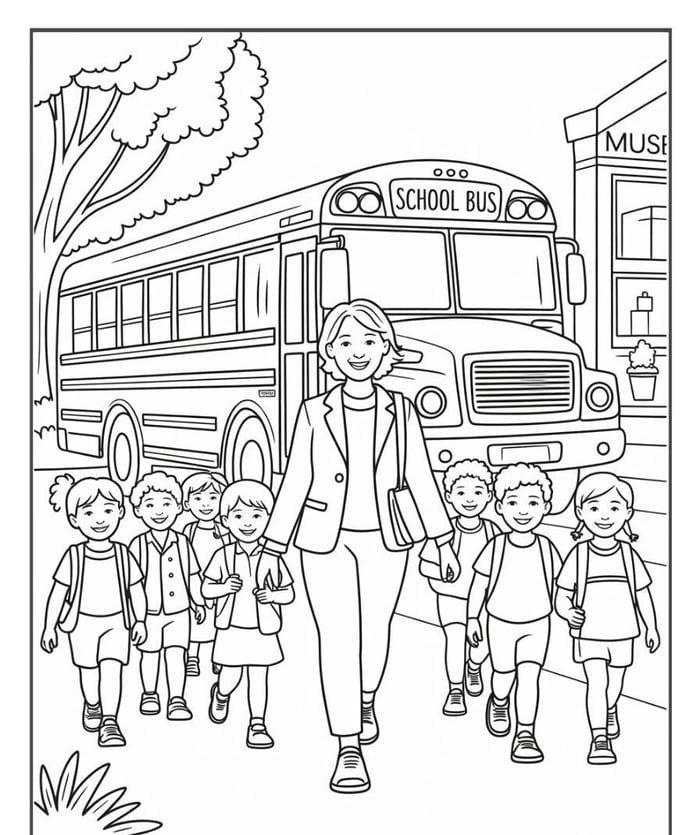 tranh tô màu cô giáo đưa học sinh về