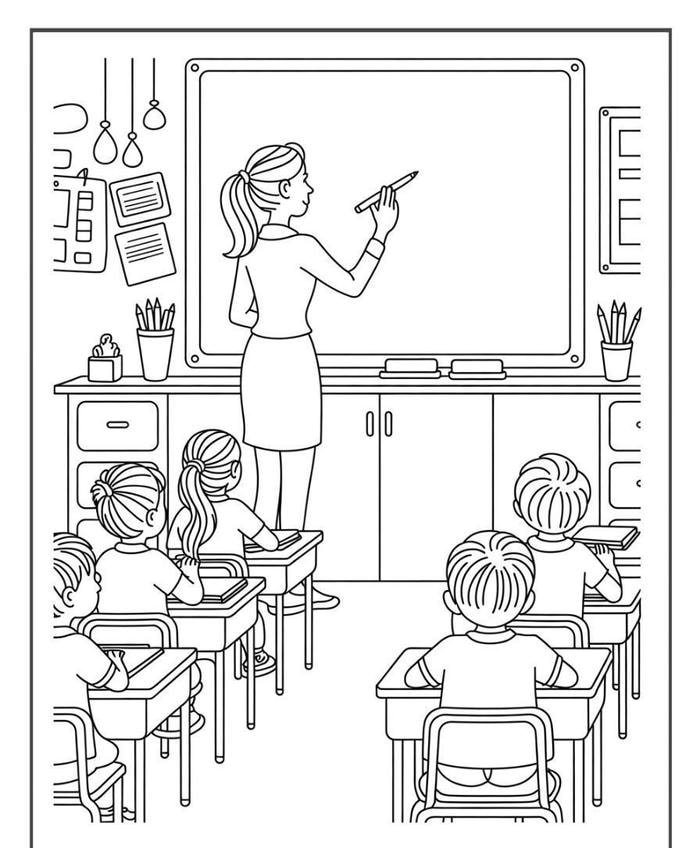tranh tô màu cô giáo viết bảng