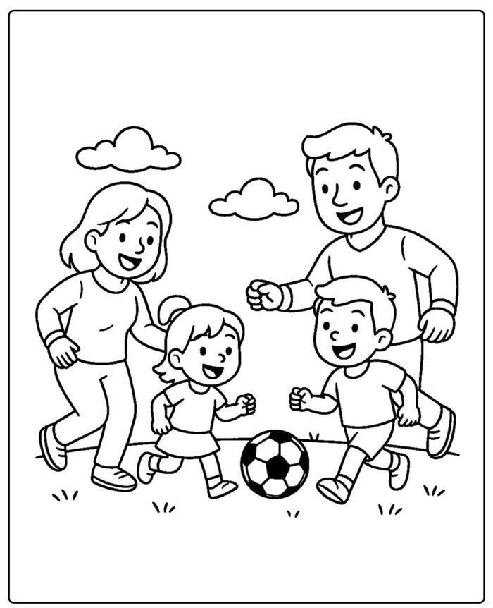 tô màu tranh gia đình 4 người chơi đá bóng