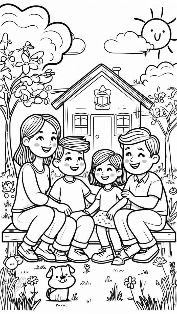 tranh tô màu gia đình 4 người chơi đùa