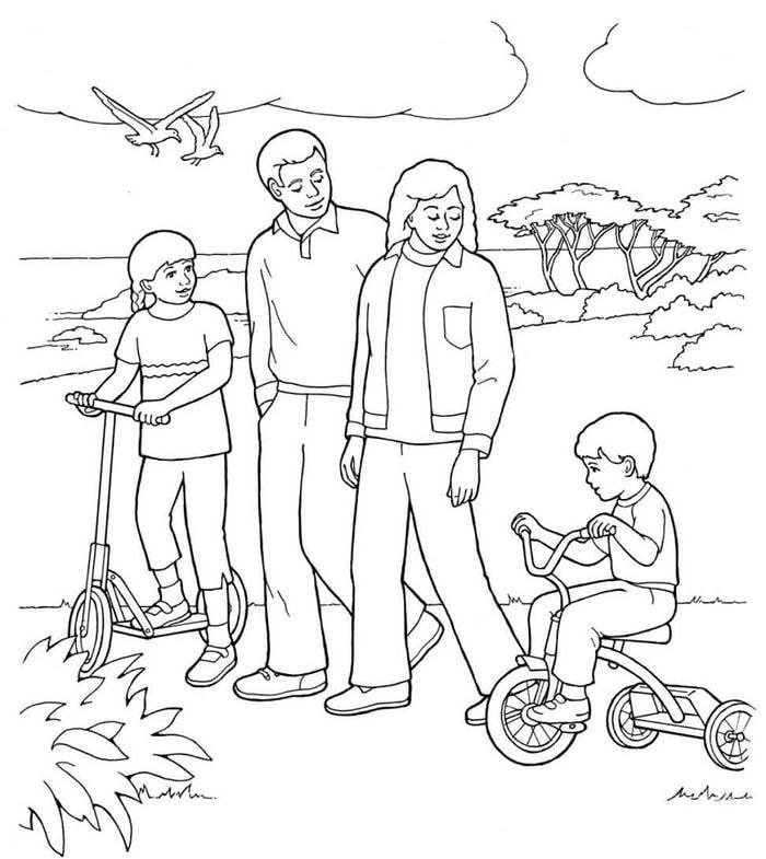 tranh tô màu ba mẹ tập xe đạp cho com