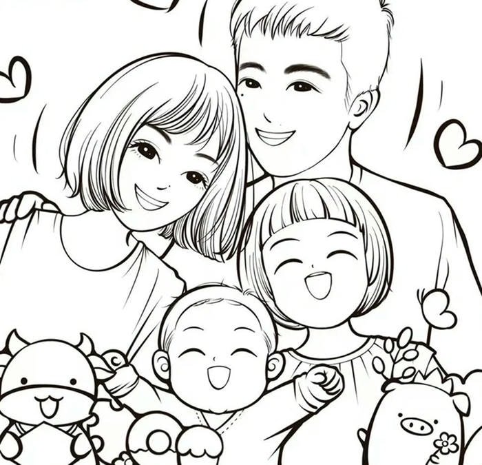 ảnh vẽ gia đình 4 người đáng yêu để bé tô màu