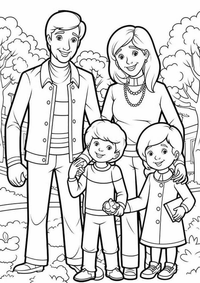 tranh vẽ tô màu gia đình 4 người đi chơi