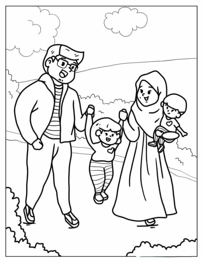 ảnh tô màu gia đình 4 người đi dạo