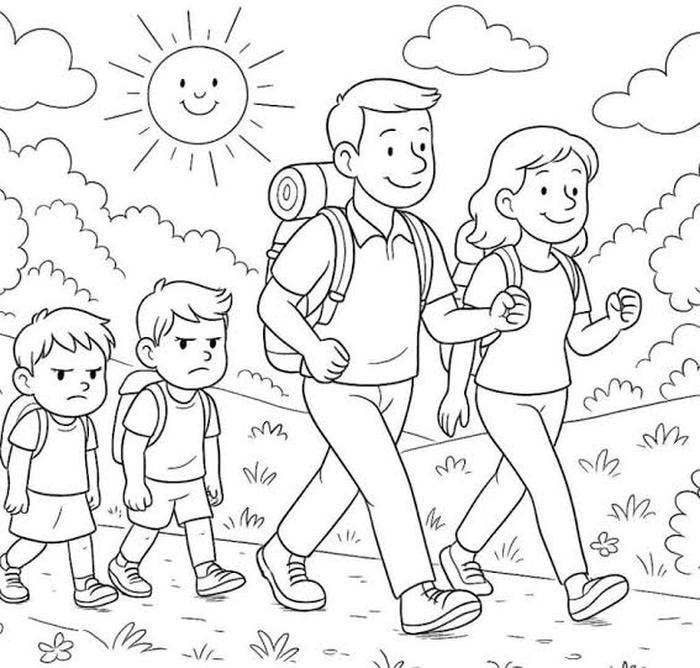 tranh vẽ tô màu gia đình 4 người đi leo núi