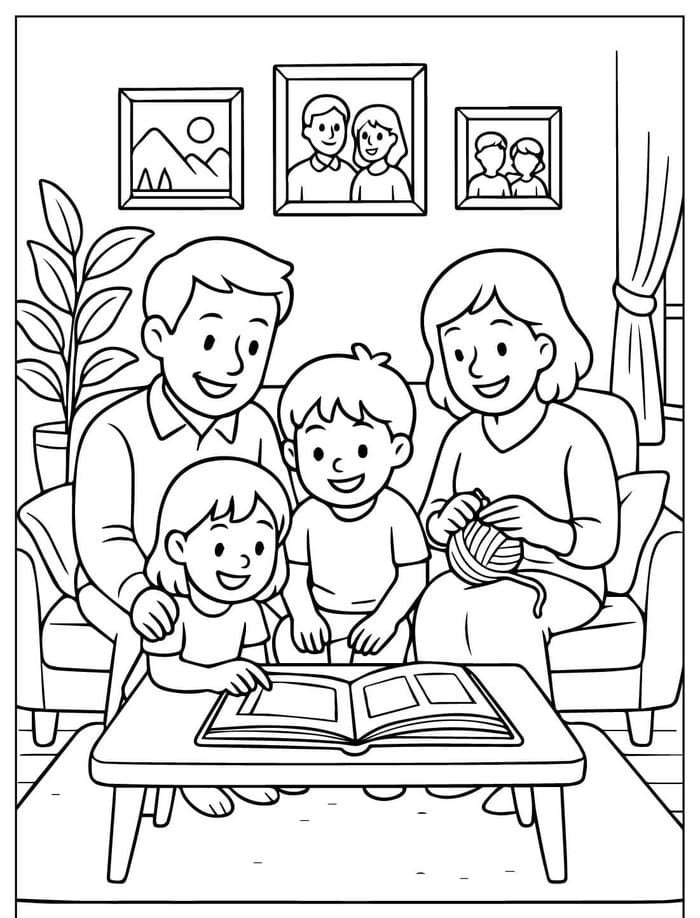 tranh vẽ tô màu gia đình 4 người ngồi đọc sách