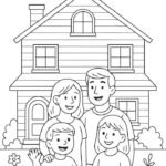 tranh tô màu gia đình 4 người trước nhà