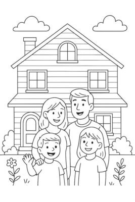 tranh tô màu gia đình 4 người trước nhà