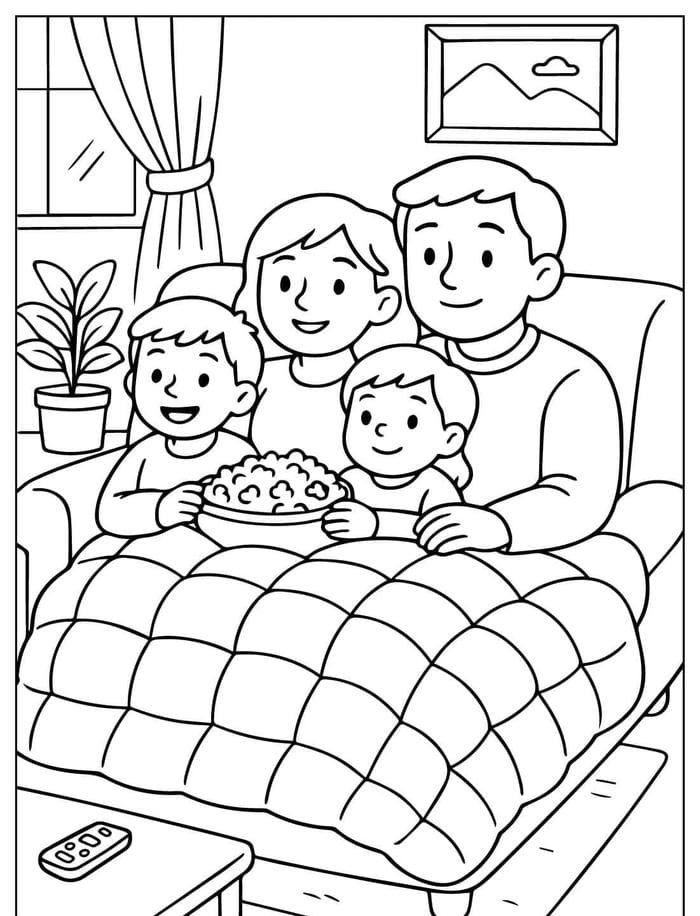 tranh tô màu cả gia đình 4 người ngồi xem phim