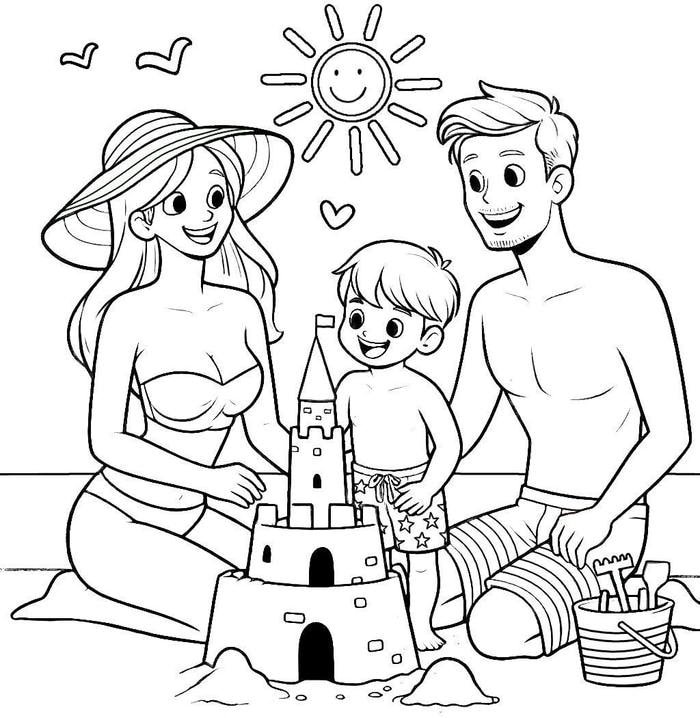 tranh tô màu gia đình bé đi biển