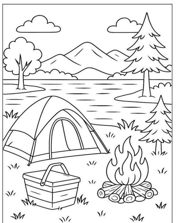 tranh tô màu phong cảnh cắm trại