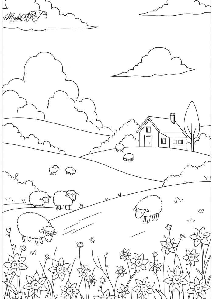 tranh tô màu phong cảnh đồng cỏ