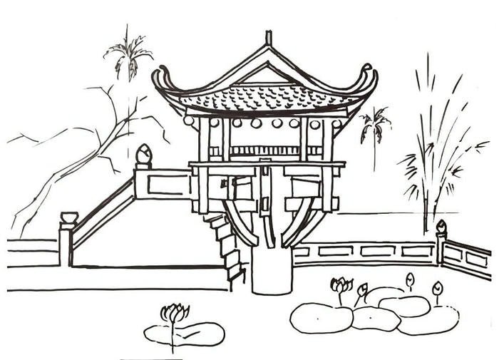 tranh tô màu phong cảnh quê hương với chùa 1 cột