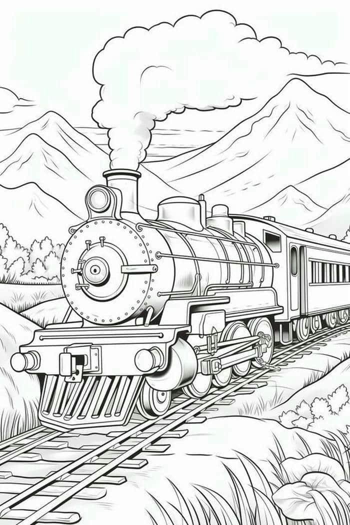 tranh tô màu phong cảnh tàu hoả trên núi