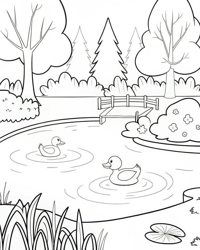 tranh tô màu phong cảnh vịt bơi trong hồ