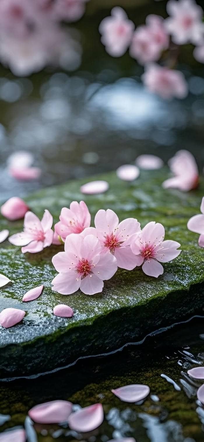 hình nền hoa đào rơi trong nước